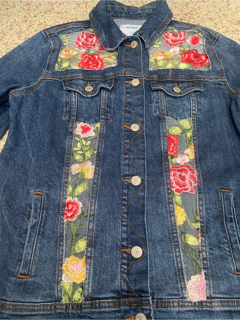 ✨ UPCYCLED Embroidered Floral Sheer Back Denim Jacket - Mesh Panels - Picture 9 of 10